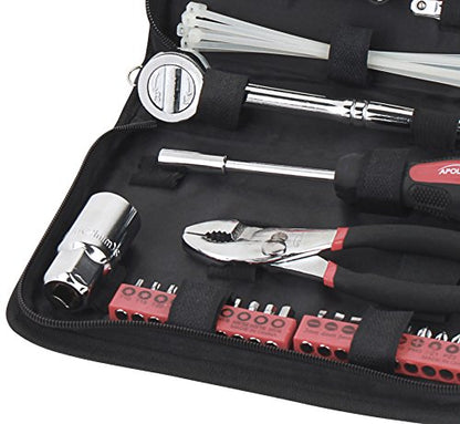 Apollo Tools 56 Piece Compact Metric Auto Tool Set in Zippered Case, Small Mechanic Tool Set for Car Emergency, Motorcycle Repair on the Road, Great for Travel Tool Needs - Red - DT9775 - size: 56 Piece, style: Metric (Automotive)
