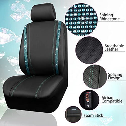 CAR PASS Bling Car Seat Covers Full Set, Shining Rhinestone Diamond Waterproof Faux Leather Universal Fit 95% Automotive Glitter Crystal Sparkle Strips for Cute Women Girl, Full Set (Mint Diamond) - color: Mint Diamond, size: Full Set