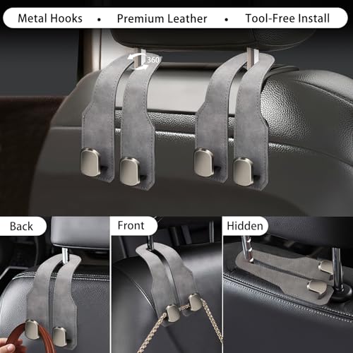2Pcs Car Headrest Hooks with Premium Leather, Upgraded Double Metal Hooks with Anti-Drop Design, Universal Back Seat Hanger for Bags, Coats, Purses and Groceries (Stylish Gray) - color: Stylish Gray 2Pcs