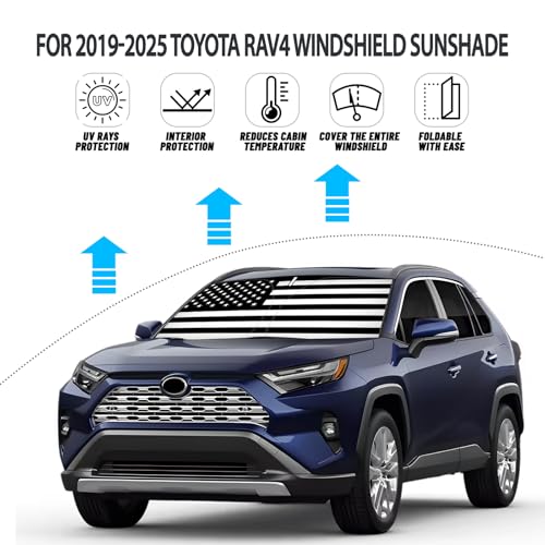 D-Lumina Windshield Sun Shade for 2019-2024 Toyo'ta RAV4 Accessories, Front Window Sunshade American Flag Sun Visor Protector Sun Shield Blocks UV Rays Heat, Foldable 2 Layers 210T Material - size: Silver & Black-fit 2019-2024 Toyota Rav4