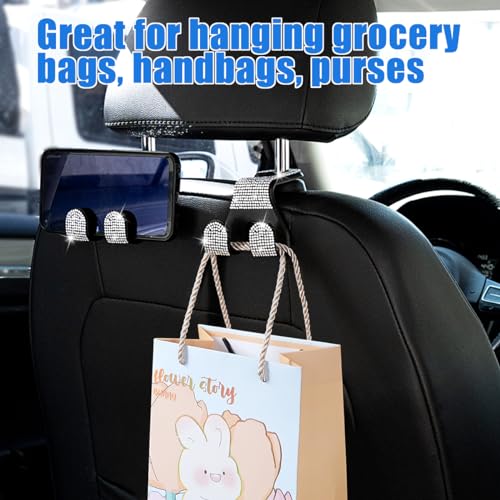 Bling Car Purse Hooks 2Pcs, Durable Car Headrest Hook, Holds 44Lbs, Double-Hooks, Wide-Opening, Rhinestone Automobile Purse Hangers Holder, Bling Car Accessories for Women, White - color: Bling White