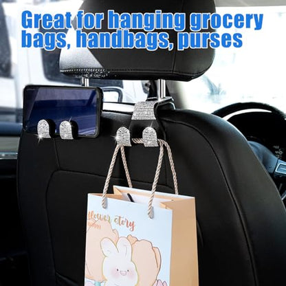 Bling Car Purse Hooks 2Pcs, Durable Car Headrest Hook, Holds 44Lbs, Double-Hooks, Wide-Opening, Rhinestone Automobile Purse Hangers Holder, Bling Car Accessories for Women, White - color: Bling White