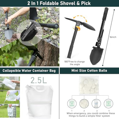 Survival Kit, 262Pcs Survival Gear and Supplies with First Aid Kit Pouch and Crossbody Bag, Emergency Kit with Tent, Camping Axe Hammer, Survival Shovel w/Pick, Bug Out Bag Gifts for Men Women - color: Black
