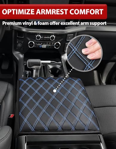 KBH Center Console Armrest Cover for 2021-2026 Ford F150, Middle Console Lid Protector, Arm Rest Box Cushion, Anti-Scratch, Black-Blue Stitch (Fits Bucket Seat Console Only) - size: Bucket Seat, 21-26 F150, Blue Stitch