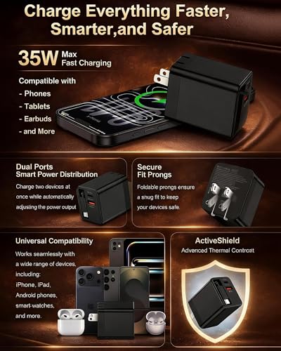 Retractable Car Charger USB-C for Samsung Galaxy S26 Ultra S26+ S25 S24 Apple iPhone 17e 17 Pro Max 16 Air, 47W Fast Car Charger Adapter + 35W Foldable Wall Plug - USB C Charging with Built-in Cables - color: Wall + Car Kit-Black