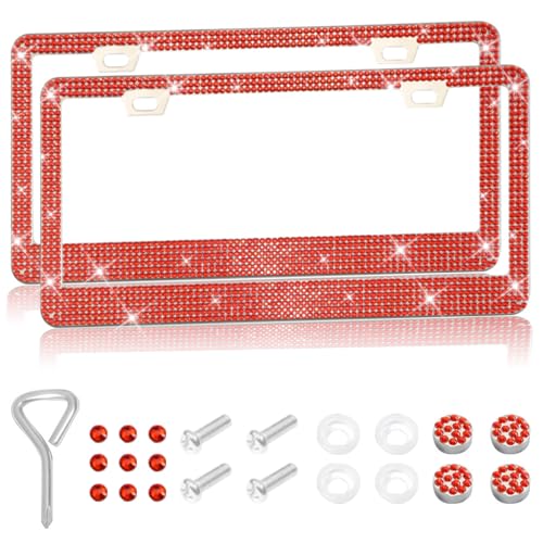 2 Packs Bling License Plate Frames, Bedazzled Sparkly Cute Water Diamond Stainless Steel，Car Accessories with Diamond Sparkle Glitter Caps，Suitable for Both Men and Women（Red） - color: Red, size: 2