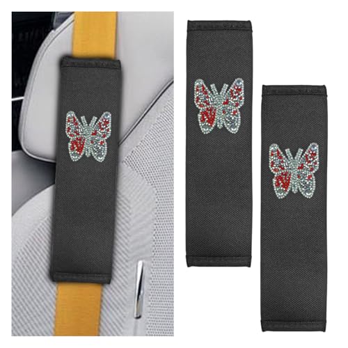 2PCS Bling Car Seat Belt Covers, Polyester Fiber Vehicle Seatbelt Cushion Pad Protector, Butterfly Safe Strap Cover Pad, Comfort Car Seat Belt Shoulder Pads Accessories, Universal Fit (Black/Red) - color: Black/Red