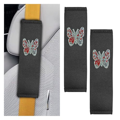 2PCS Bling Car Seat Belt Covers, Polyester Fiber Vehicle Seatbelt Cushion Pad Protector, Butterfly Safe Strap Cover Pad, Comfort Car Seat Belt Shoulder Pads Accessories, Universal Fit (Black/Red) - color: Black/Red