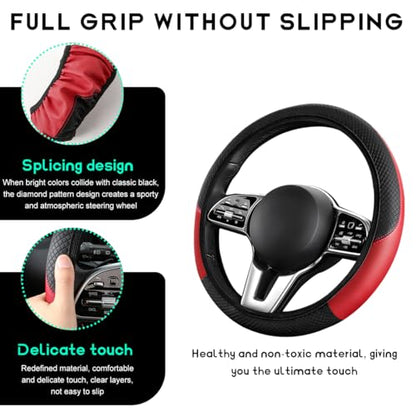 Car Steering Wheel Cover, 15 inch Carbon Fiber Microfiber Leather Elastic Steering Wheel Protector, Breathable Anti-Slip Comfortable Steering Wheel Covers for Most Cars (Black&Red, AD) - color: Black&Red, AD