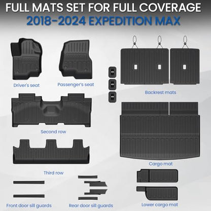 Floor Mats Cargo Mat Set for 2018-2024 Ford Expedition Max 8 Seats Bench Seat, All Weather TPE Cargo Liner Trunk Lower Mat Door Sill Guards Accessories (8 Seats Floor Mats Set) - style: 8 Seats Floor Mats Set