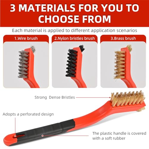 3pcs Wire Brushes for Cleaning Rust, Upgrade Wire Brush Set - Brass/Stainless Steel/Nylon Bristles, Small Metal Wire Brush with Curved Handle Grip, Wire Brushes for Paint and Stain, 7 Inches (3pcs) - style: 3pcs