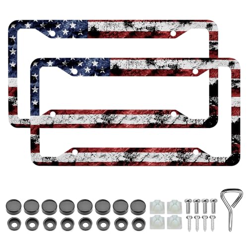 American Flag License Plate Frames - 2 Pack Patriotic Vintage Aluminum Metal US Flag License Plate Frames Holder Covers, Rust-Proof Waterproof Car Decorative Tag Frames for Standard US 12x6 Inch - color: Vintage American Flag