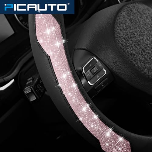 PIC AUTO Steering Wheel Cover, Pink Sparkly Crystal Bling Glitter with Leather, Universal Fit 14.5"-15.5" Car Steering Wheels for Girls & Women, Anti-Slip Wheels Cover for Cars, Trucks, Van, SUVs - color: Pink Glitter