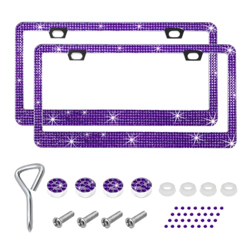2 PCS Bling License Plate Frame, Stainless Steel Glitter Crystal Diamond License Plate Cover Holder, Sparkly Bedazzled Rhinestone Car Tag Covers for Women, Car Accessories (Purple) - color: Purple, size: 2pcs