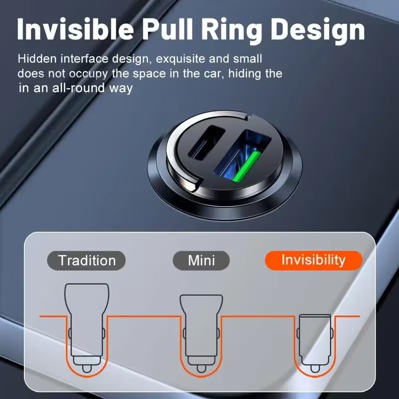 66W Car Fast Charger Dual USB-A USB-C Mini Metal Ring Design Stable Power Protection for Smartphones GPS Tachographs, Black - color: Black