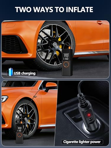 Tire Inflator Portable Air Compressor, 150PSI Cordless Tire Pump with USB Output, 12V DC Car Plug & Dual Power 6000mAh, Fast Inflation Air Pump for Cars, Bikes, Motorcycles and Balls