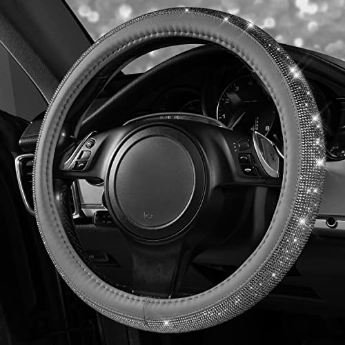CAR PASS Bling Diamond Leather Steering Wheel Cover, with Bling Sparkly Crystal Glitter Rhinestones Universal Fit 14" 1/2-15" Car Wheel Protector for Women Girl Fit Suvs,Vans,Sedans,Cars,Trucks, Gray - color: Gray Diamond