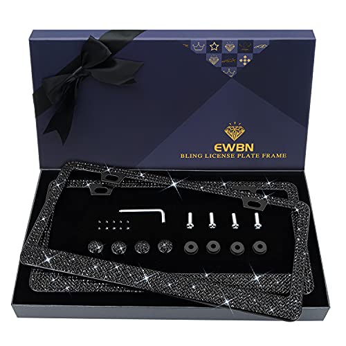 Bling Rhinestone License Plate Frame for Women 2PC, Sparkly Stainless Steel Frames & Over 1200 pcs Finest 14 Facets Black Glass Crystals Premium Diamond+GiftBox(Black) - color: Black-2PK