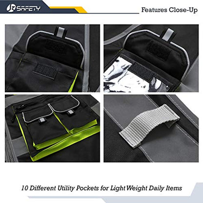 JKSafety 10 Pockets Black Color Safety Vest Zipper Front with High Reflective Strips Meets ANSI/ISEA Standards (88-Black, Large) - color: Black, size: Large