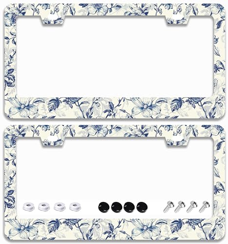 2 Pcs Vintage Blue Floral Flowers License Plate Frames - 2 Holes Stainless Steel Metal Auto Car Accessories Decoration License Plate Frame Cover Size 6.3" x 12.2" Fit US Vehicles for Women Men Gift - color: Blue Flowers Floral