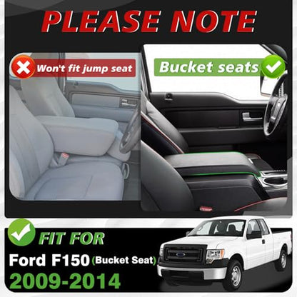 Muslogy Center Console Armrest Cover Fit for Ford F-150 F150 2009-2014 Accessories, Comfort Armrest Pad Console Lid Cushion Vegan Leather Regular Thick(Bucket Seat ONLY) - size: 2) 09-14 |F150| Bucket Seat, Regular