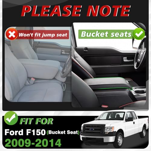 Muslogy Center Console Armrest Cover Fit for Ford F-150 F150 2009-2014 Accessories, Comfort Armrest Pad Console Lid Cushion Vegan Leather Regular Thick(Bucket Seat ONLY) - size: 2) 09-14 |F150| Bucket Seat, Regular