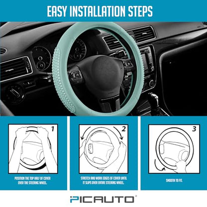 PIC AUTO Steering Wheel Cover, Glitter Gel Particles & Mint Luxury Leather Car Steering Cover, Universal Fit 14.5"-15.5" Anti-Slip Car Wheels Cover for Girls & Women - color: Mint