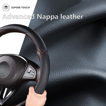 Car Steering Wheel Cover Leather Snap On 3Pcs Set Non-Slip Protector Wrap Steering Wheel Accessories 14.5-15 inch Universal Black - color: Black B