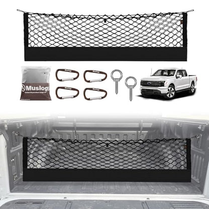 Muslogy Truck Bed Cargo Net Trunk Netting Compatible with Ford F-150 & Lightning 2015-2026 Accessories, Pickup Cargo Organizer SUV Sedan Storage Net w/Heavy Duty Carabiners - style: 2015+ F150 (Eye Bolt)