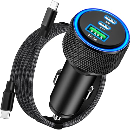 [Apple MFi Certified] iPhone 17 Car Charger Fast Charging, KYOHAYA 3-Port 67W PD/QC Car Power Adapter USB-C Charger Cigarette Lighter + Type-C Braided Cord for iPhone 17/17 Pro/16 Pro/15/Galaxy/Pixel - color: Carbon Fiber Black