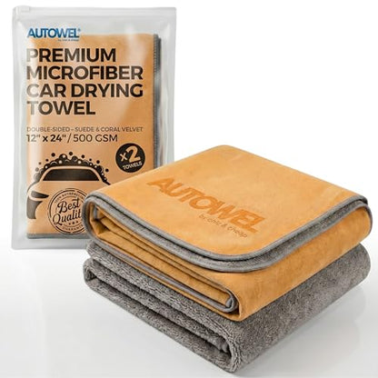 2-Step Car Drying System – Streak-Free Premium Microfiber Towels (2-Pack), 500 GSM Ultra Absorbent Coral Velvet & Suede Design – Scratch-Free Large Auto Detailing Cloth, Fast Drying, 12”x24”