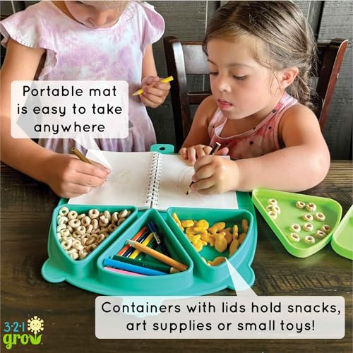 Silicone On-The-Go Snack Mat – Foldable Reusable Placemat with 3 Compartments and Lids – Travel-Friendly Baby and Toddler Snack Plate – Dishwasher Safe (Aqua) - color: Aqua