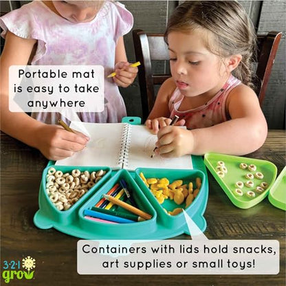 Silicone On-The-Go Snack Mat – Foldable Reusable Placemat with 3 Compartments and Lids – Travel-Friendly Baby and Toddler Snack Plate – Dishwasher Safe (Aqua) - color: Aqua