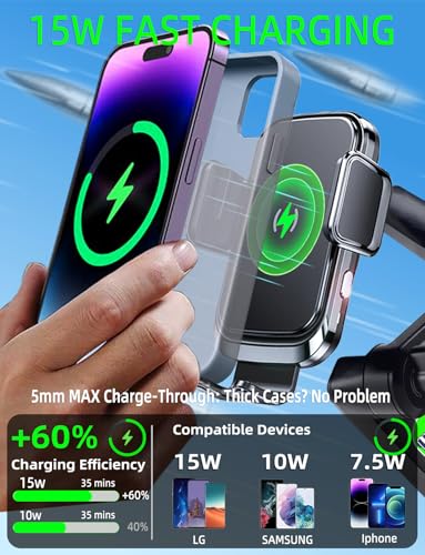 Truck Phone Holder Wireless Car Charger Mount, 15W Fast Charging Vacuum Phone Holder 14 Inch Long Arm Heavy Duty Pickup Windshield and Dashboard, Trucks Accessories for iPhone Samsung LG