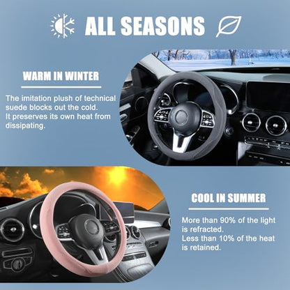14 inch Pink Suede Steering Wheel Cover, Breathable Non-Slip Sweat-Proof Wear-Resistant No Pilling, Warm in Winter and Cool in Summer - color: Pink, size: Round-S[13.5''-14'']
