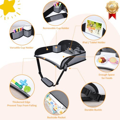 Kids Travel Tray for Toddler Carseat, Road Trip Activities Essentials for Toddler, Kids Lap Desk Tray with Tablet Holder Stand ＆ Dry Erase Board (Grey) - color: Grey