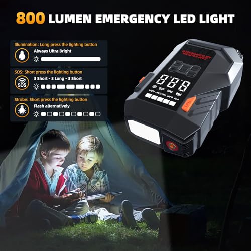 10-in-1 Portable Car Battery Jump Starter with Air Compressor, Jump Starter 6000A 26800mAh 160PSI (All Gas/12L Diesel), 12V Jump Box Car Battery Jumper Starter Portable Jumper Cables, Lights - color: Grey-black