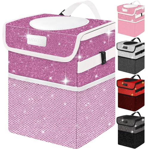 Cute Mini Car Trash Bag with Lid, Glitter Garbage Can Bin Hanging for Back/Front Seat/Console, Waterproof, Leakproof, 2.5 Gallon, Purple Bling Sparkly - color: Purple Bling Sparkly