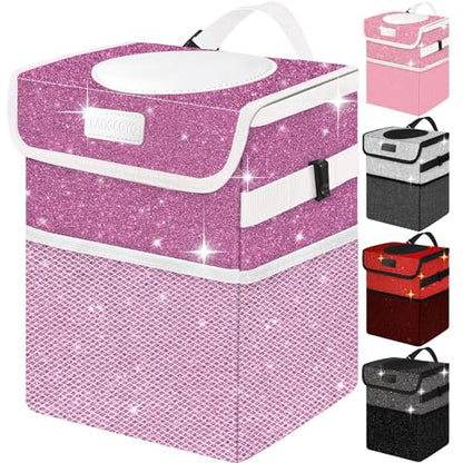 Cute Mini Car Trash Bag with Lid, Glitter Garbage Can Bin Hanging for Back/Front Seat/Console, Waterproof, Leakproof, 2.5 Gallon, Purple Bling Sparkly - color: Purple Bling Sparkly