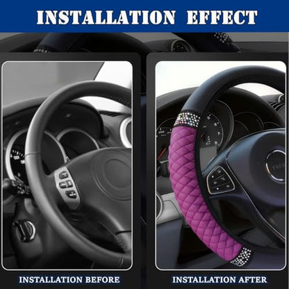 Soft Leather Car Steering Wheel Cover, Universal 15 Inch Colorful Rhinestones Anti-Slip Elastic Steering Wheel Covers for Most Cars, Sparkly Crystal Diamond for Women Girls (Purple) - color: Purple