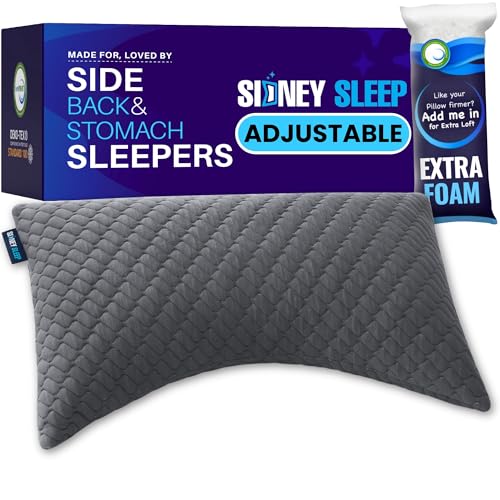 Sidney Sleep Adjustable Curved Pillows for Neck and Shoulder Support with Extra Shredded Fill - Cervical Contour Pillow for Side and Back Sleepers - Queen Size 19" x 29" CertiPUR-US Certified (Grey) - color: Grey, size: Queen (Pack of 1)