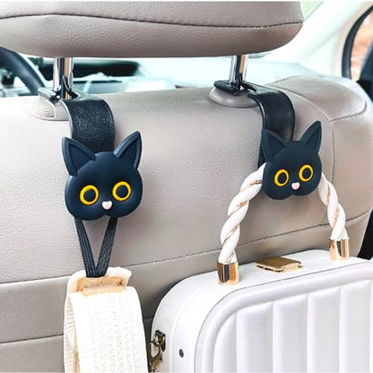 Car Seat Headrest Hooks,2 Pack Black Cute Cartoon Cat Hook 360° Rotation Heavy Duty Car Purse Hook Hanger for Bags, Coats, Umbrellas, Groceries, Universal Vehicle Fit - color: Black