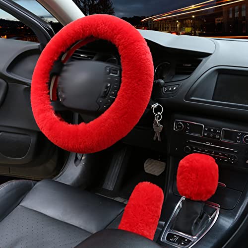 1 Set 6 Pcs Fluffy Car Steering Wheel Cover & Seat Belt Shoulder Pads & Handbrake Cover & Gear Shift Cover Set & Seat Belt Shoulder Pads Faux Wool Universal Fit Car Interior Accessories (Red) - color: Red