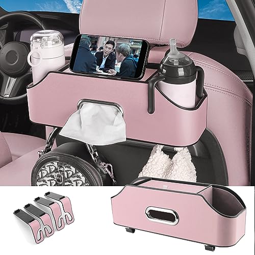 HOLDCY Car Back Seat Organizer with 2 Drink Cup Holder - Tissue Box and Storage Box Hook - Multi-functional Storage - Great for Kids and Travel (Pink) - color: Pink