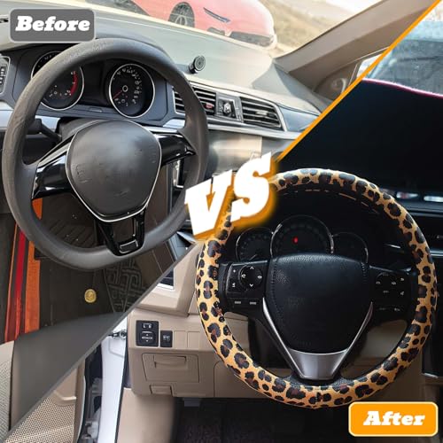 Universal Leather Leopard Cheetah Steering Wheel Cover Women 14.5-15 inch Leopard car Accessories Western Anime Brown Cute Wheel Cover Hip Hop Anti-Slip Car Protecter for Men - color: Leopard Print