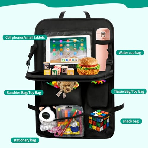 2 Pack Backseat Car Organizer with Touch Screen Tablet Holder, Upgraded Car Seat Organizer with Tray, 9 Storage Pockets with Foldable Food Tray, Protector Kick Mats for Kids, Travel Accessories-Black