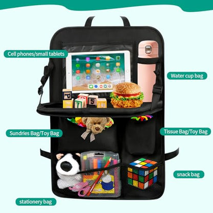 2 Pack Backseat Car Organizer with Touch Screen Tablet Holder, Upgraded Car Seat Organizer with Tray, 9 Storage Pockets with Foldable Food Tray, Protector Kick Mats for Kids, Travel Accessories-Black