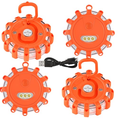 VANCLE USB-C Rechargeable LED Road Flares Roadside Emergency Light, Safety Warning Flashing Flare Beacon Disc Strobe Traffic with Magnetic Base for Construction Vehicles Truck Boat(Amber,4 Pack) - color: Orange, size: 4 Pack
