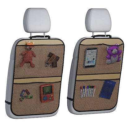 lebogner Back Seat Cover for Kids + 4 Pocket Storage Organizer, 2 Pack Kick Mats Backseat Protector, Car Accessories Waterproof Kick Guard for Vehicles to Protect from Dirt, Mud & Scratches, Beige