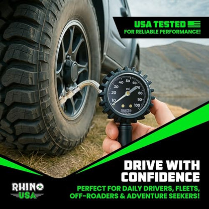 Rhino USA Tire Pressure Gauge with Inflator (0-100 PSI) - Heavy Duty Air Chuck and Compressor Accessories with Stainless Braided Hose, Large Analog Dial and Solid Brass Hardware for Truck and RV - style: 100psi Analog